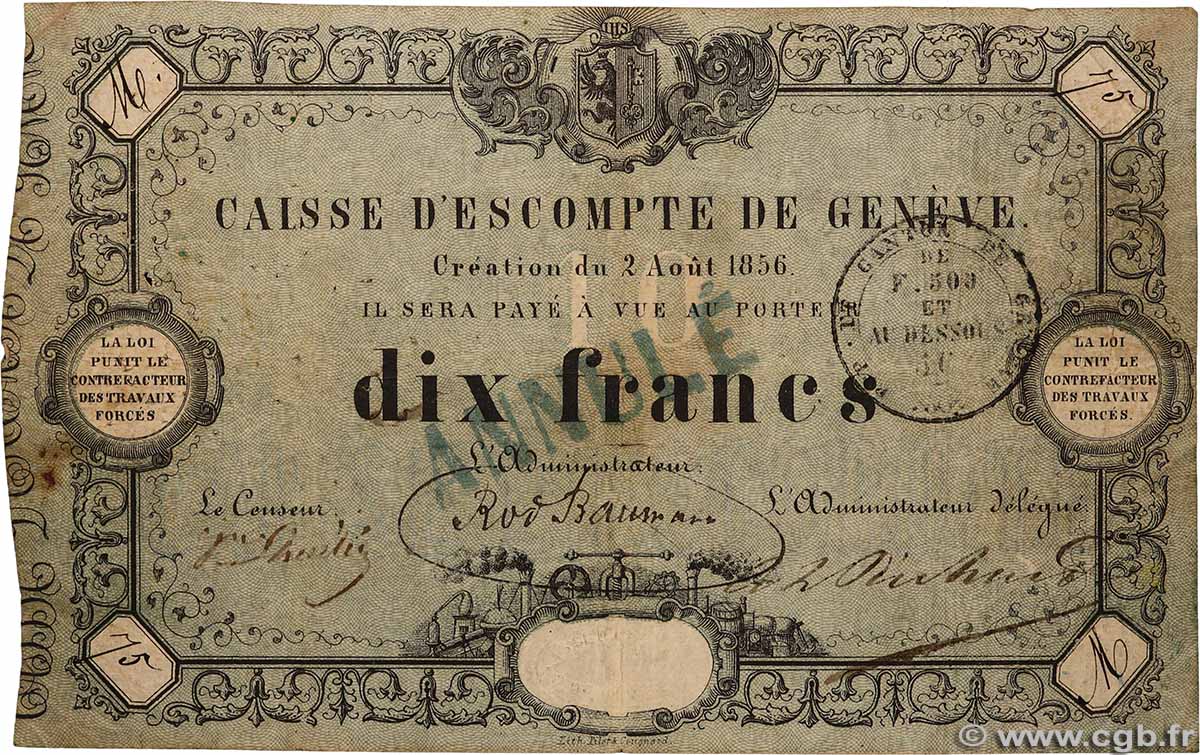 10 Francs Annulé SUISSE 1856 PS.311b pr.TB