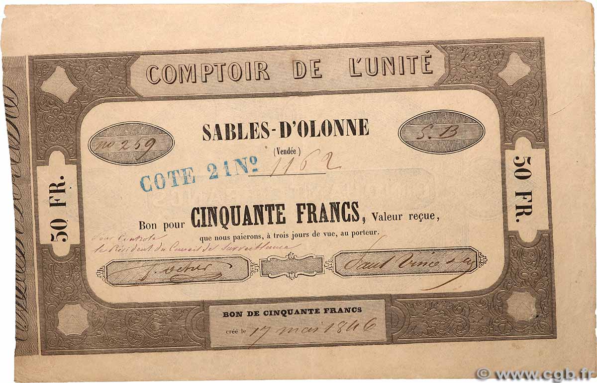 50 Francs FRANCE Regionalismus und verschiedenen Sables-d Olonne 1846 F.- fVZ