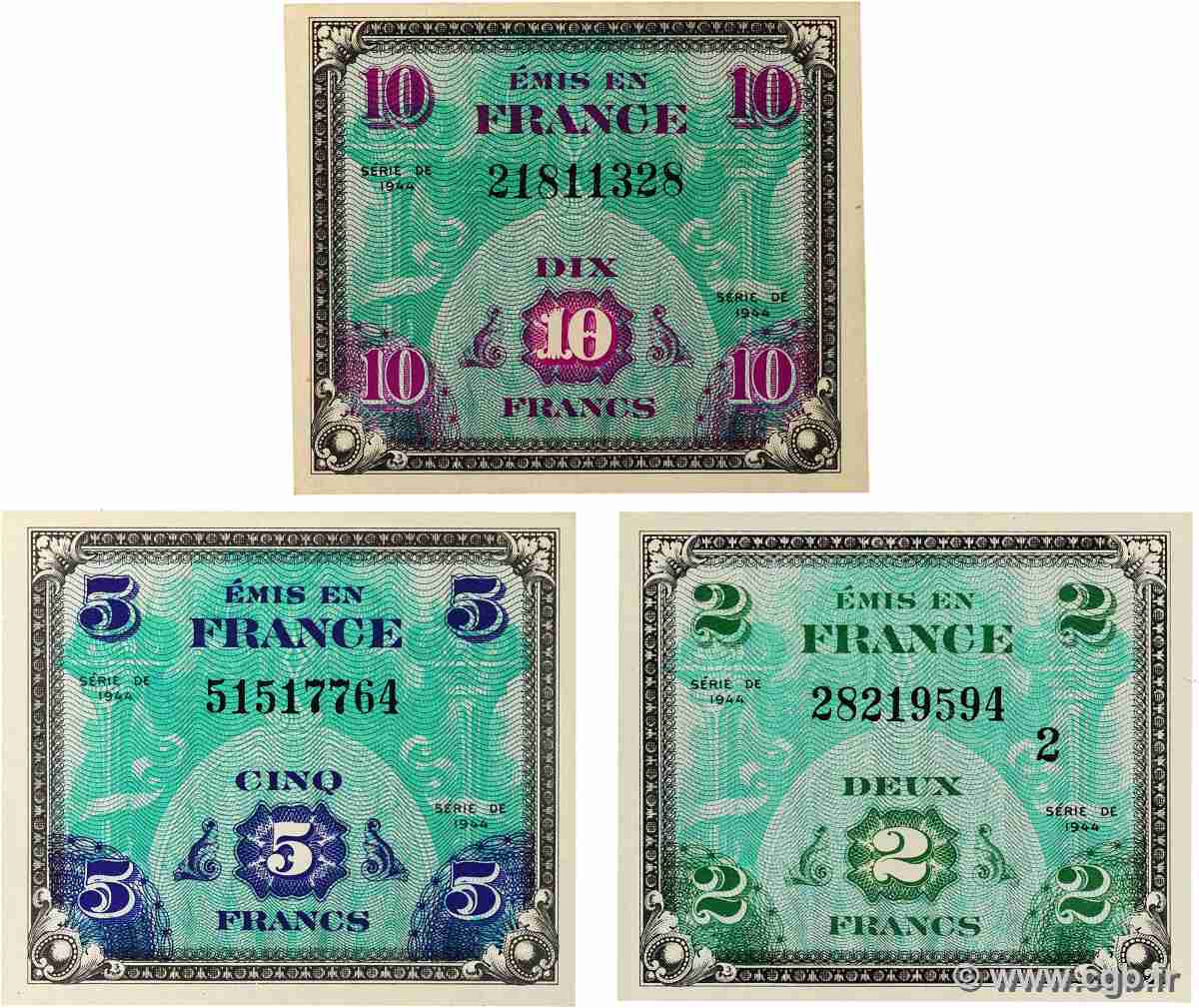 2 à 10 Francs DRAPEAU Lot FRANCE 1944 VF.16/17/18.01 UNC-