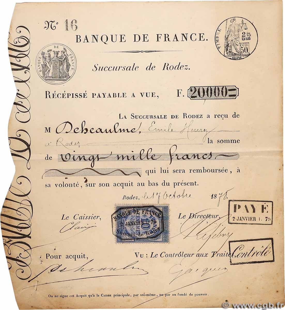 2000 Francs FRANCE Regionalismus und verschiedenen Rodez 1875 JP.- fVZ