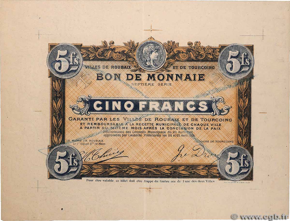 5 Francs Épreuve FRANCE régionalisme et divers Roubaix Tourcoing 1916 JP.59-2100 SUP+