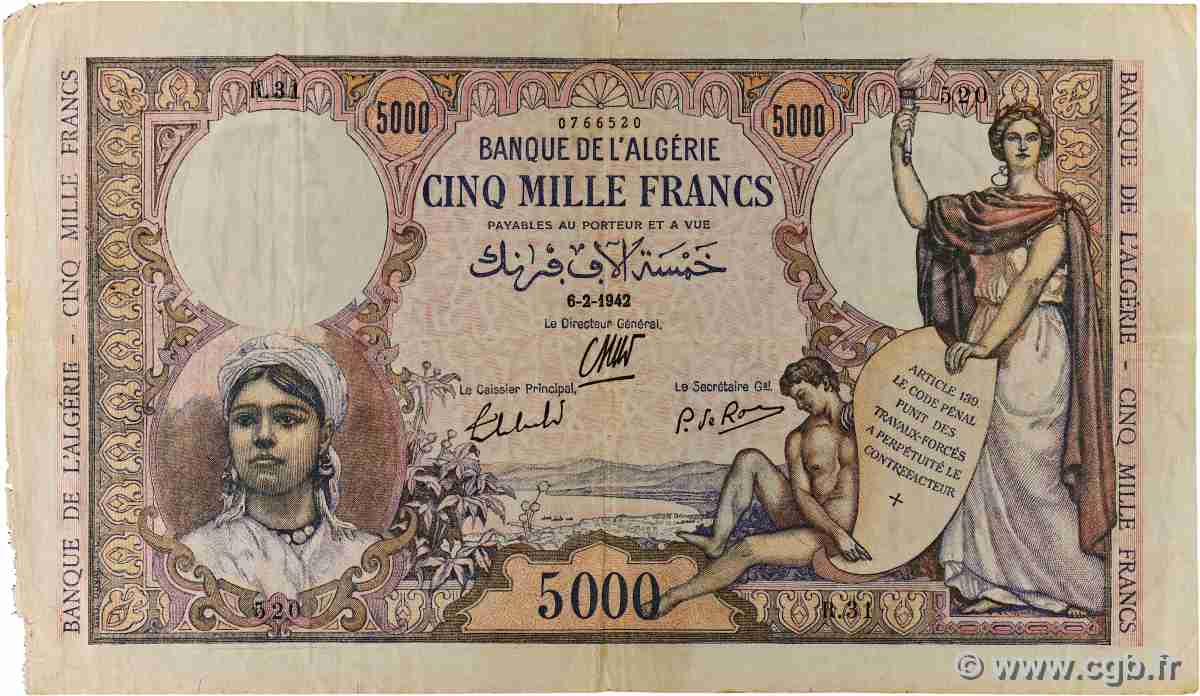 5000 Francs ALGERIA 1942 P.090a MB