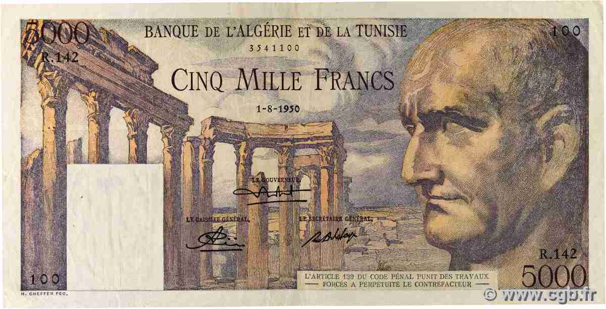 5000 Francs TUNISIA 1950 P.30 F+