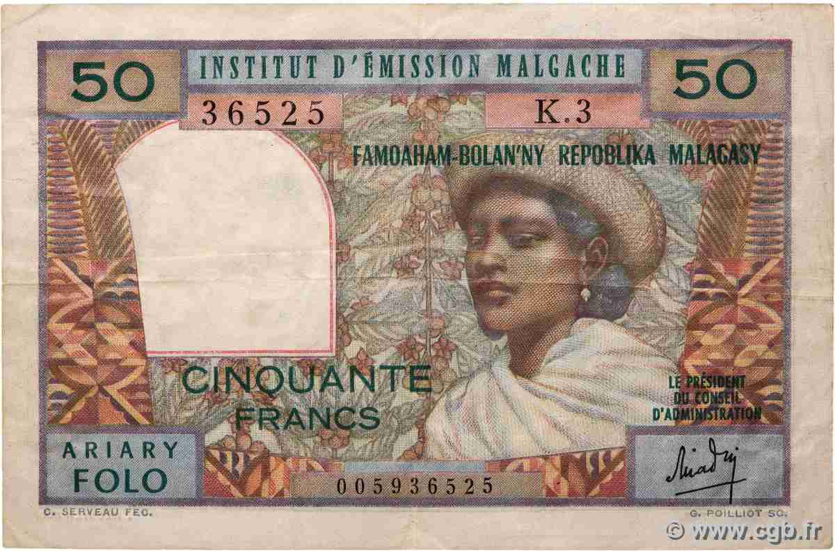 50 Francs - 10 Ariary MADAGASCAR 1969 P.061 pr.TTB