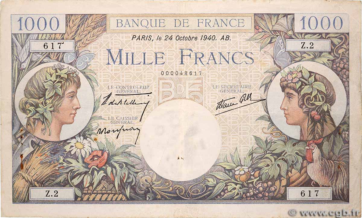1000 Francs COMMERCE ET INDUSTRIE FRANCIA 1940 F.39.01 q.BB