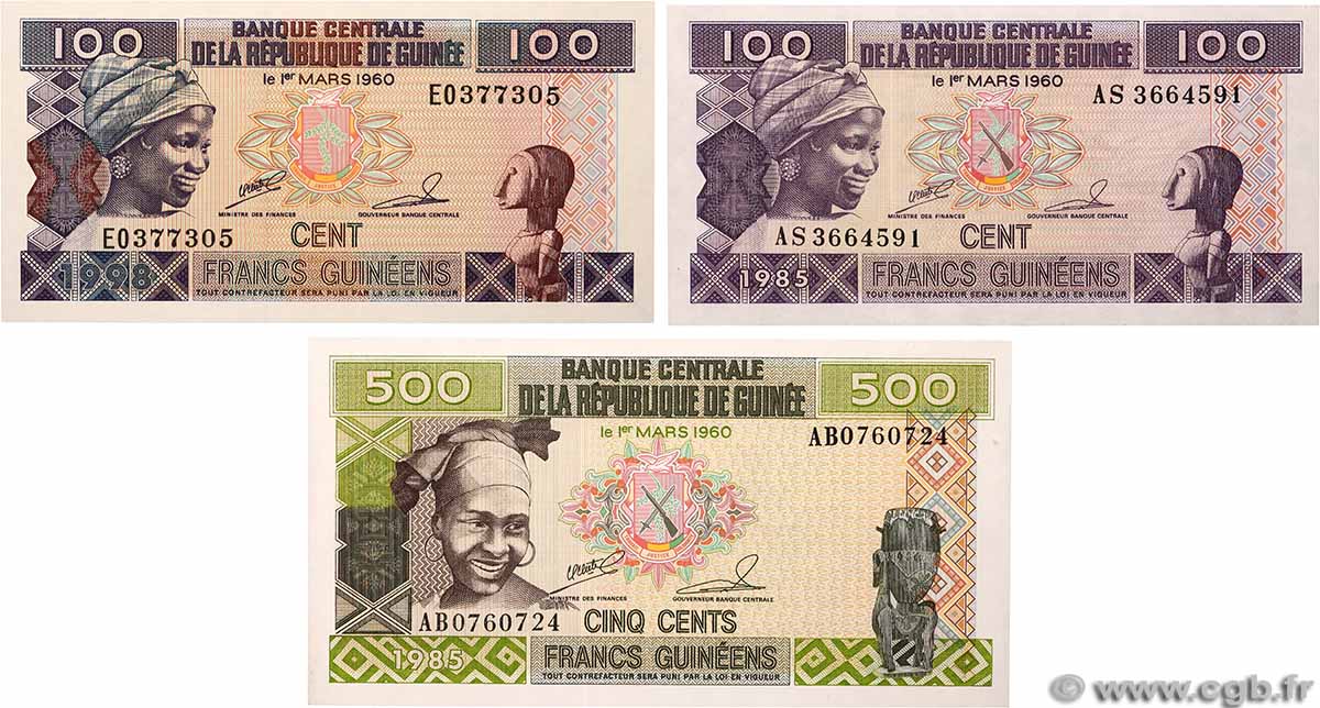 100 Francs Guinéens Lot GUINEA 1985 P.30a, P.31a et P.35a fST+