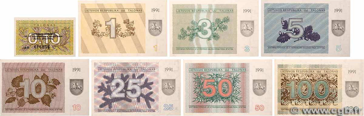 0.10, 1 à 100 Talonas Lot LITHUANIA 1991 P.29b, P.32a, P.33b, P.34a, P.35b, P.36bn P.37b et P.38b UNC