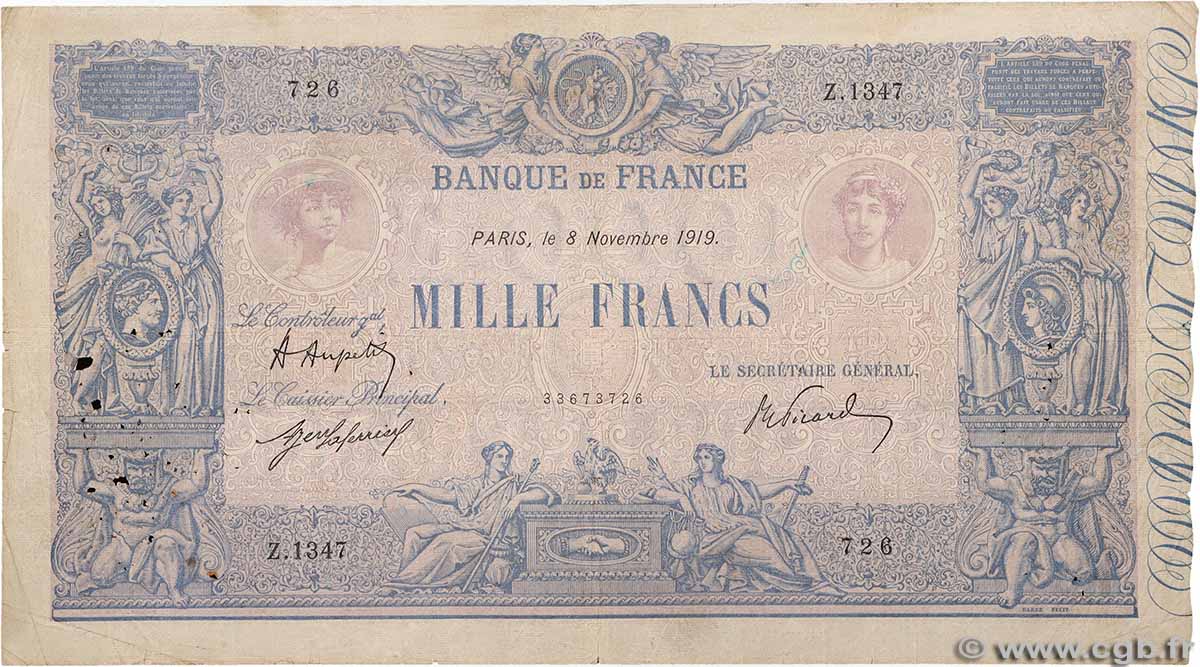 1000 Francs BLEU ET ROSE FRANCE 1919 F.36.34 VG