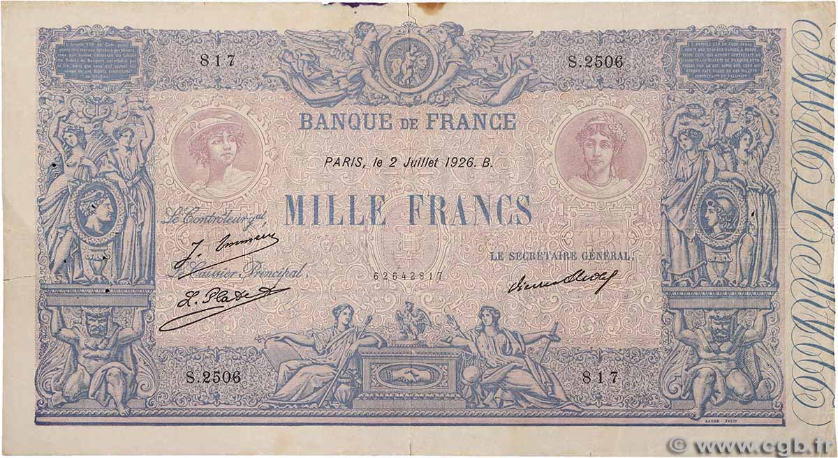 1000 Francs BLEU ET ROSE FRANCE 1926 F.36.43 TB+