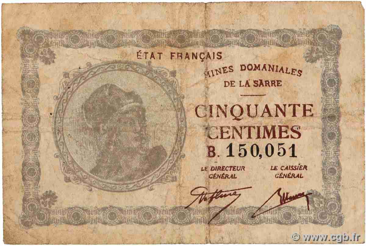 50 Centimes MINES DOMANIALES DE LA SARRE Numéro radar FRANCE 1920 VF.50.02 VG