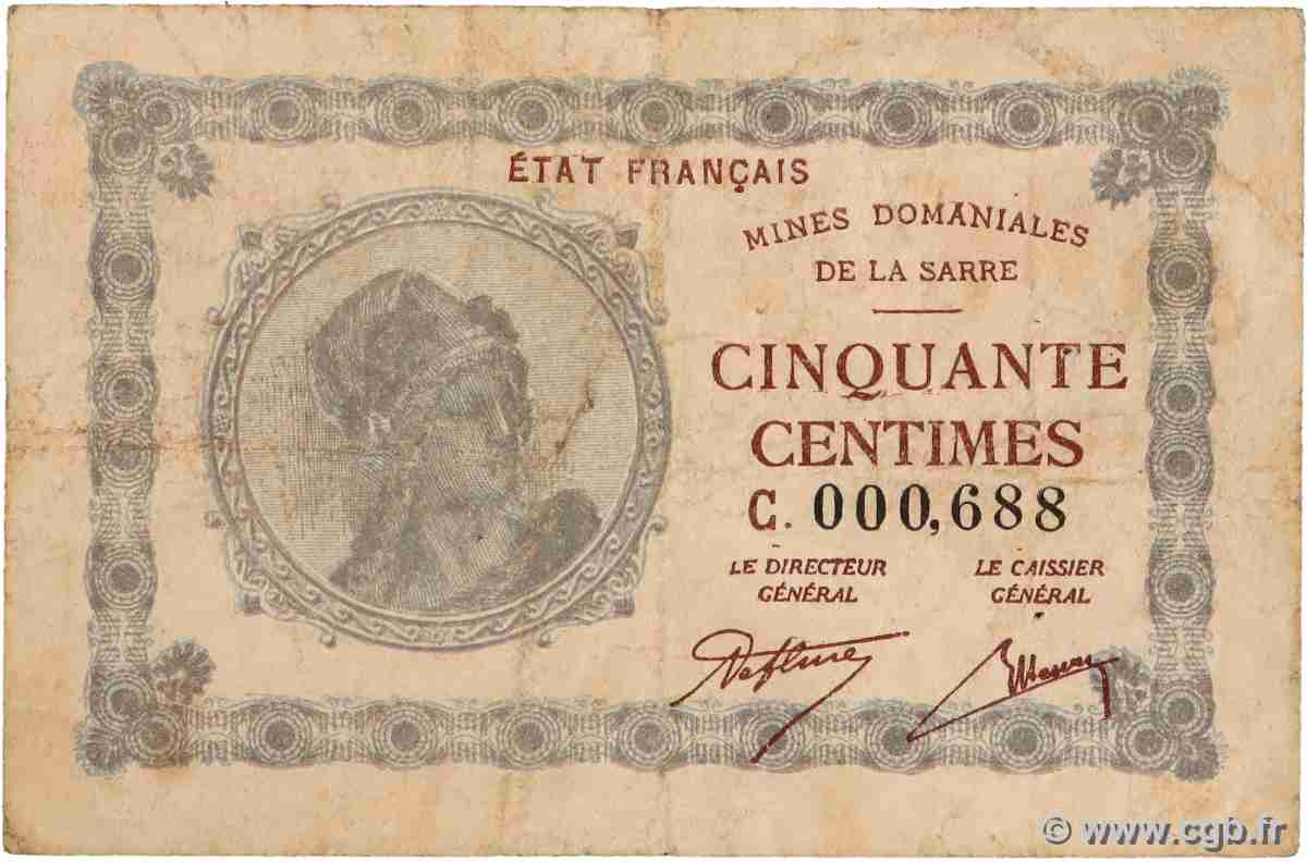 50 Centimes MINES DOMANIALES DE LA SARRE Petit numéro FRANCE 1920 VF.50.03 B+