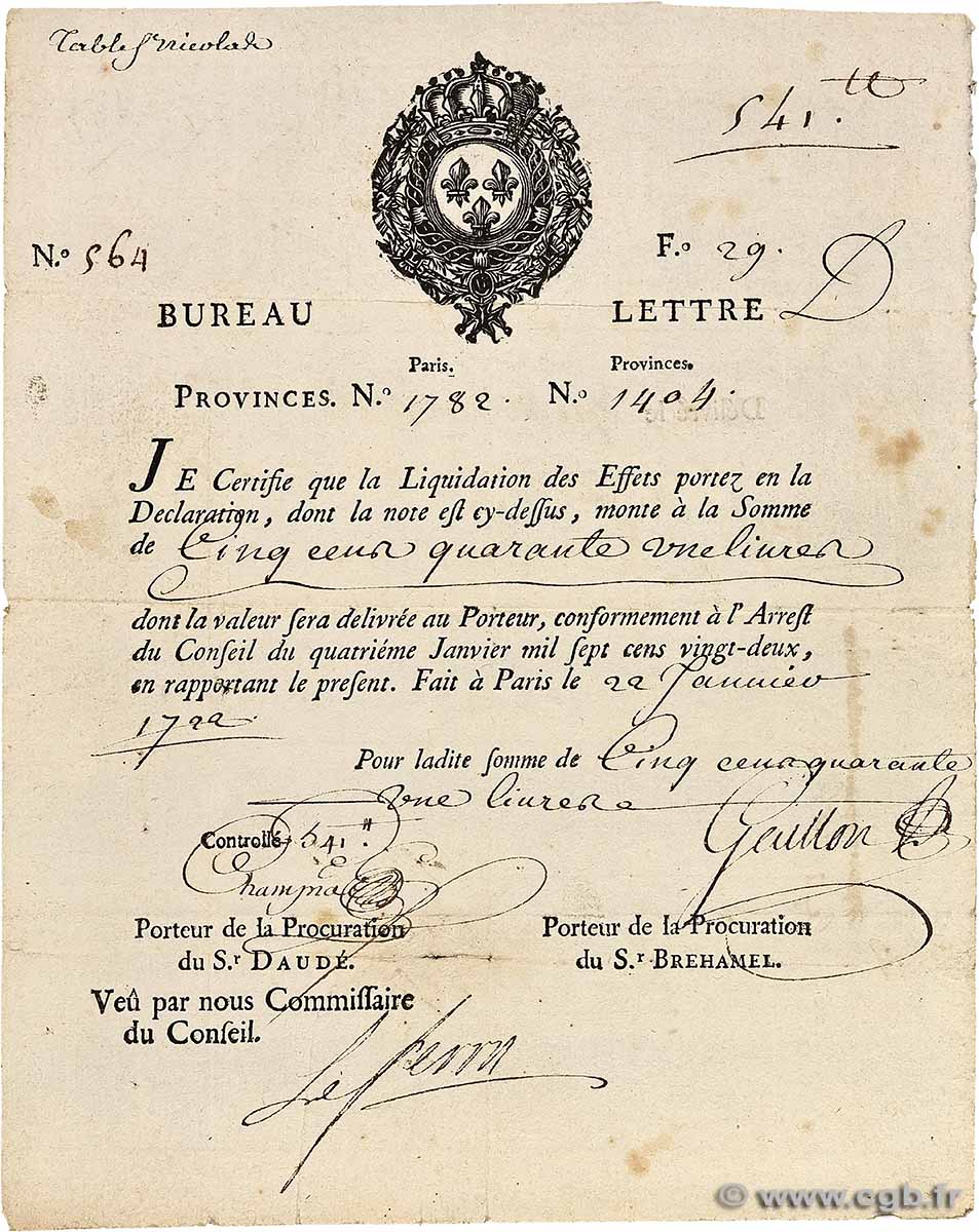 541 Livres FRANCE 1722 Laf.-- VF