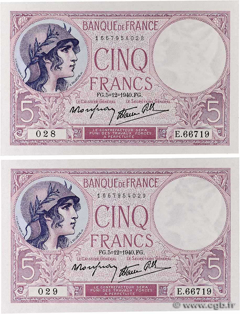 5 Francs FEMME CASQUÉE modifié Consécutifs FRANCE 1940 F.04.16 UNC