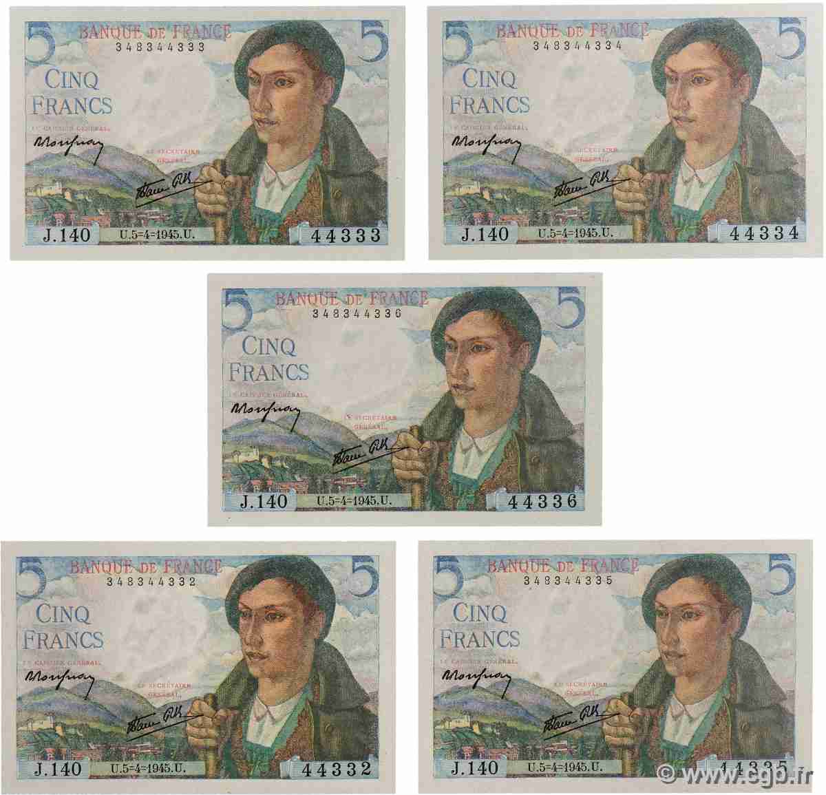 5 Francs BERGER Lot FRANCE 1945 F.05.06 UNC-