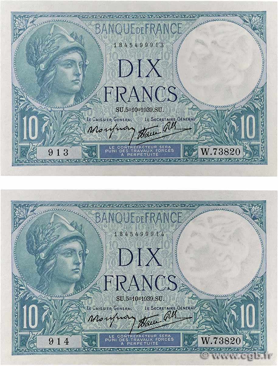 10 Francs MINERVE modifié Consécutifs FRANCE 1939 F.07.10 UNC-