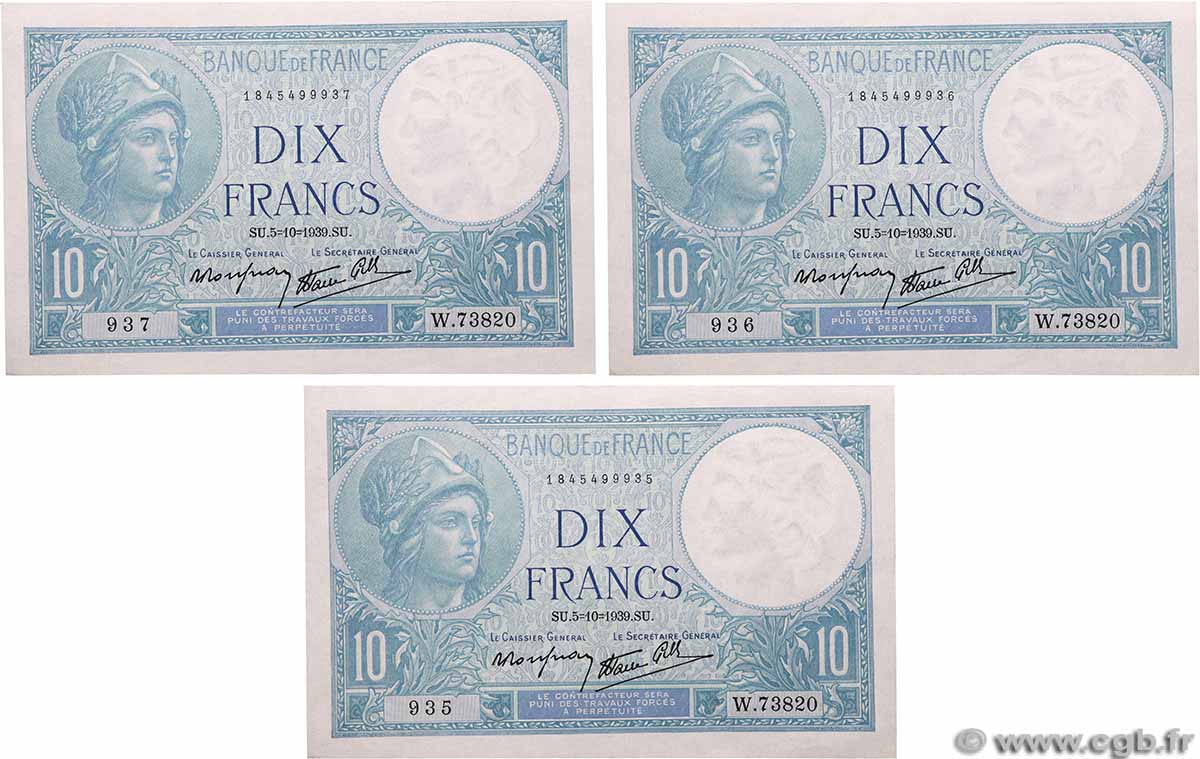 10 Francs MINERVE modifié Lot FRANCE 1939 F.07.10 SPL+