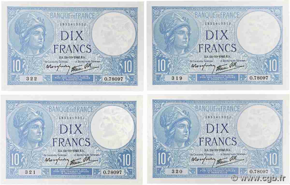 10 Francs MINERVE modifié Lot FRANKREICH 1940 F.07.18 fST+