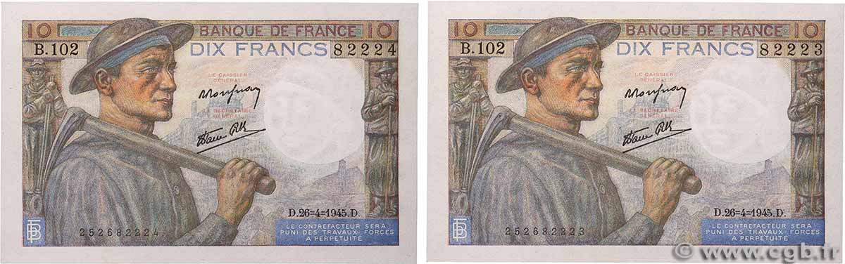 10 Francs MINEUR Consécutifs FRANCE 1945 F.08.14 AU