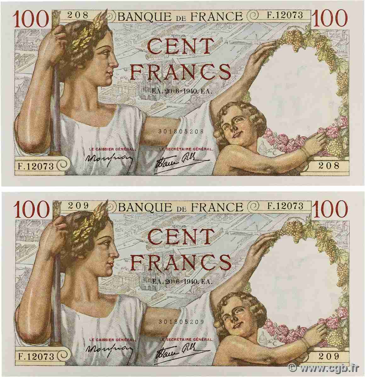 100 Francs SULLY Consécutifs FRANCE 1940 F.26.32 UNC-