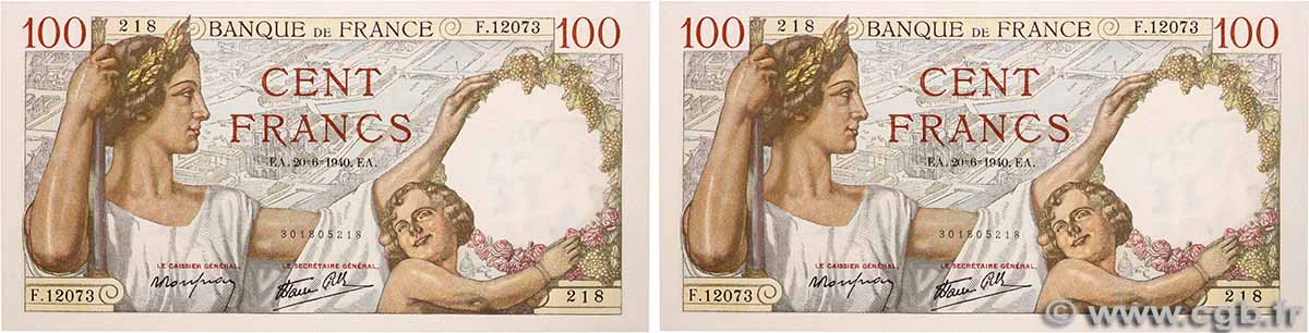 100 Francs SULLY Consécutifs FRANCE 1940 F.26.32 UNC-