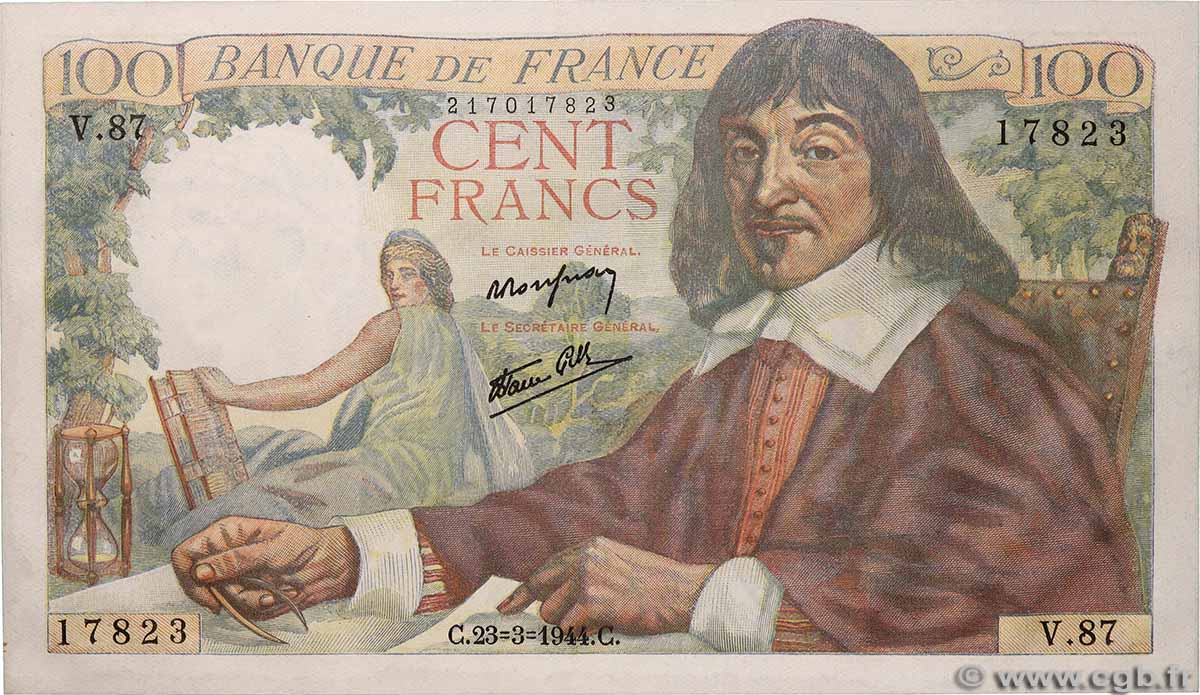 100 Francs DESCARTES FRANCE 1944 F.27.05 pr.NEUF