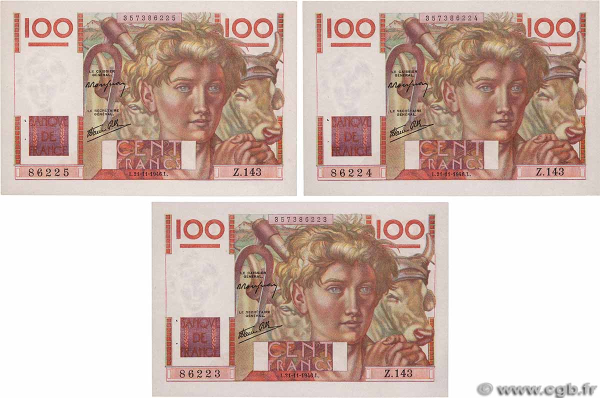 100 Francs JEUNE PAYSAN Consécutifs FRANCE 1946 F.28.11 AU