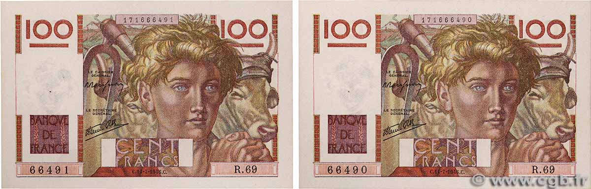 100 Francs JEUNE PAYSAN Consécutifs FRANCE 1946 F.28.06 SPL
