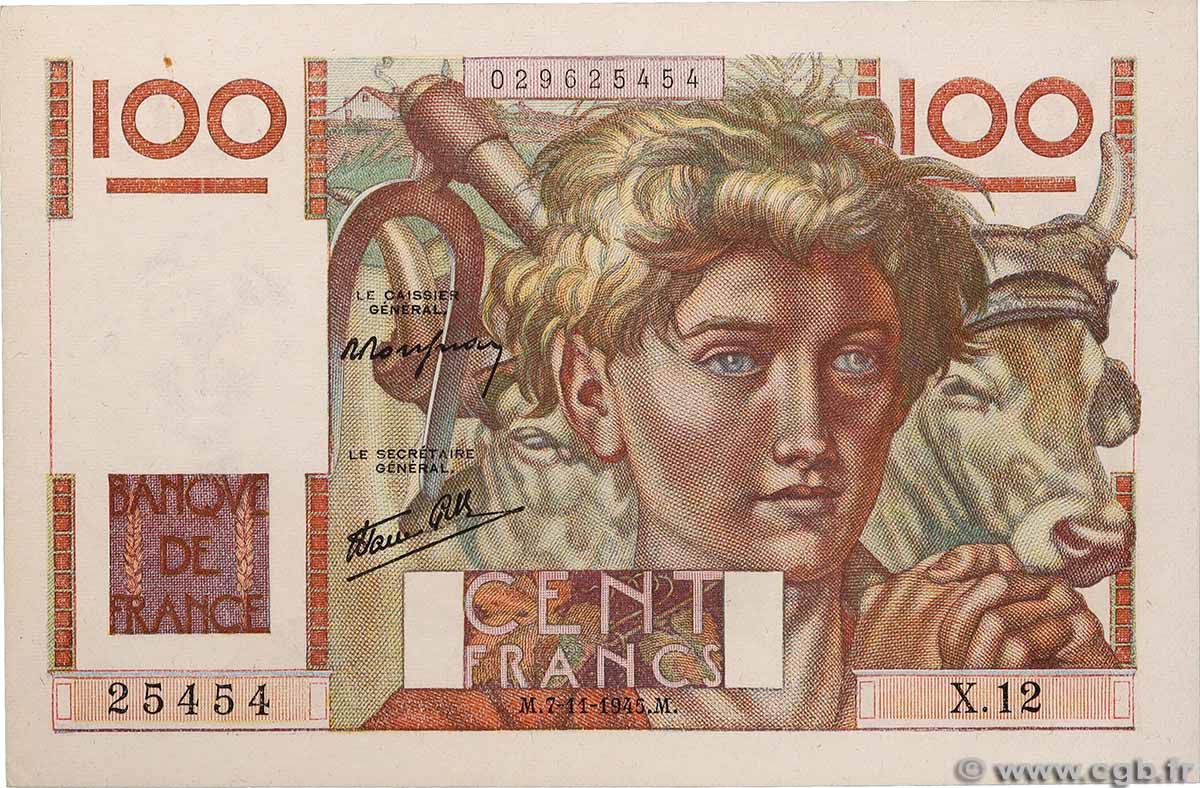 100 Francs JEUNE PAYSAN FRANCE 1945 F.28.01 AU