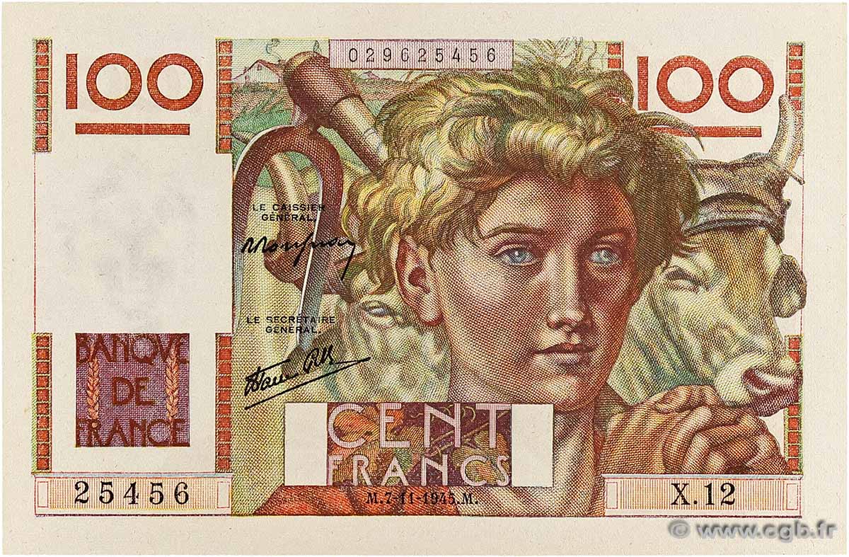 100 Francs JEUNE PAYSAN FRANKREICH 1945 F.28.01 fST+