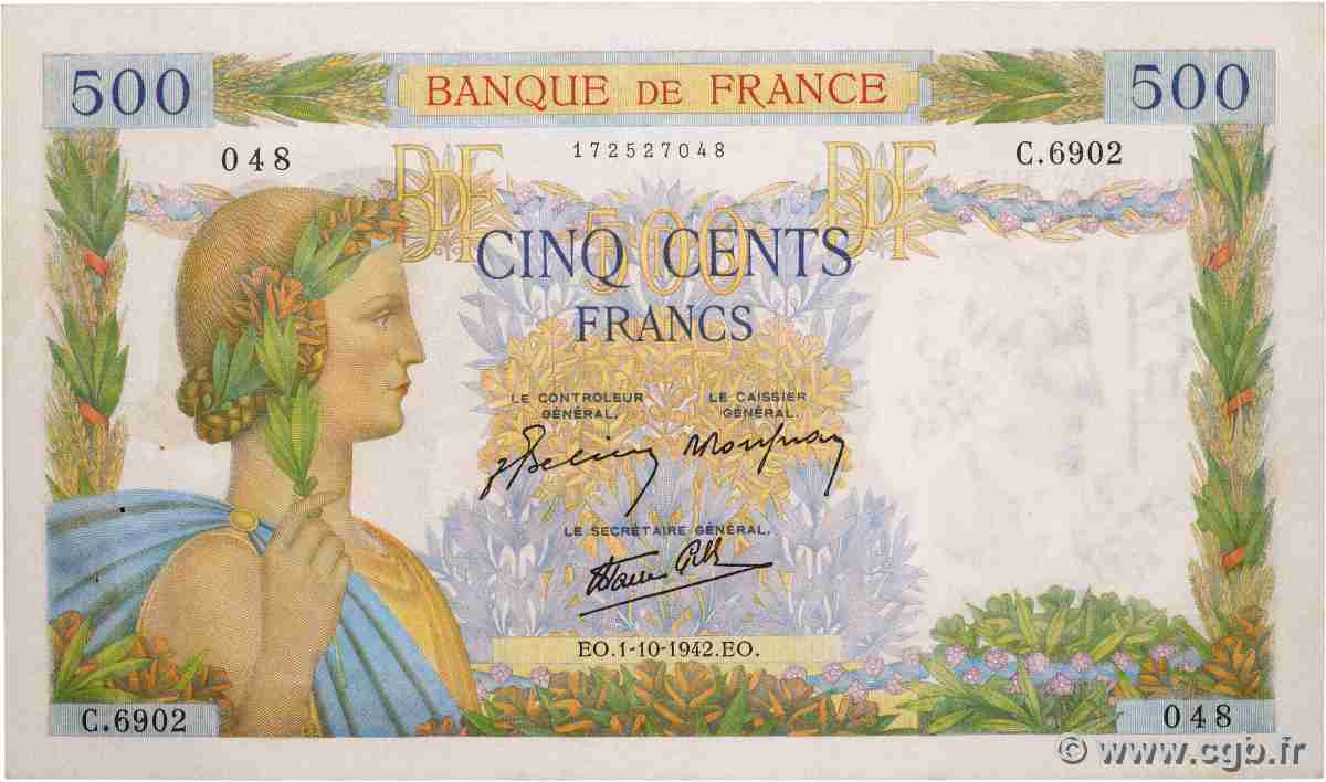 500 Francs LA PAIX FRANCE 1942 F.32.41 XF+