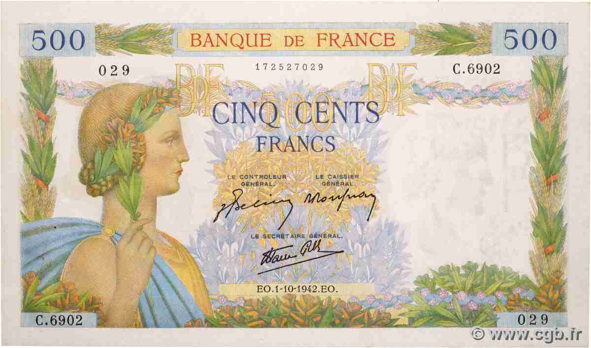 500 Francs LA PAIX FRANCIA 1942 F.32.41 EBC+