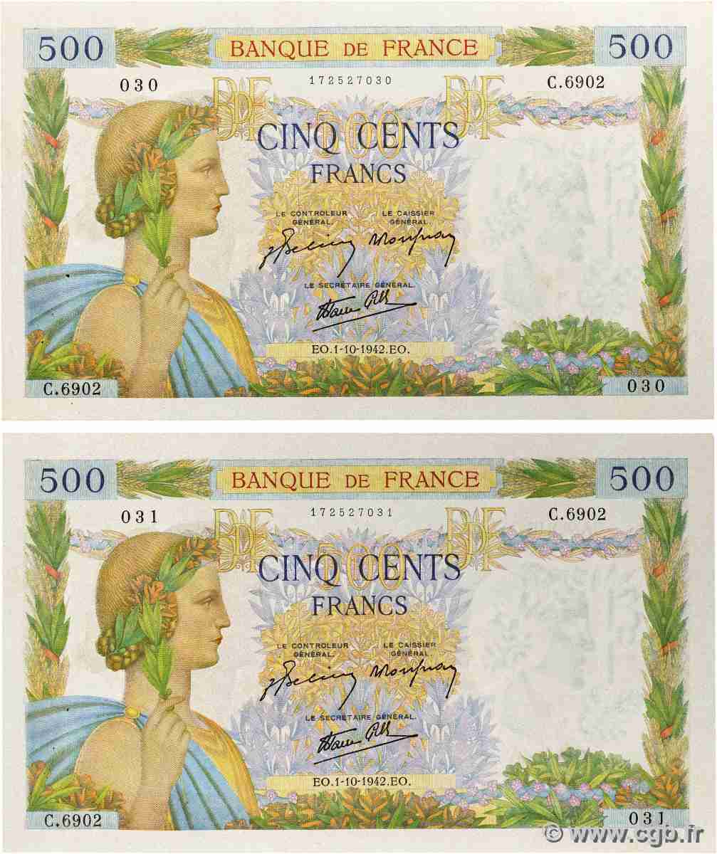 500 Francs LA PAIX Consécutifs FRANCE 1942 F.32.41 XF+