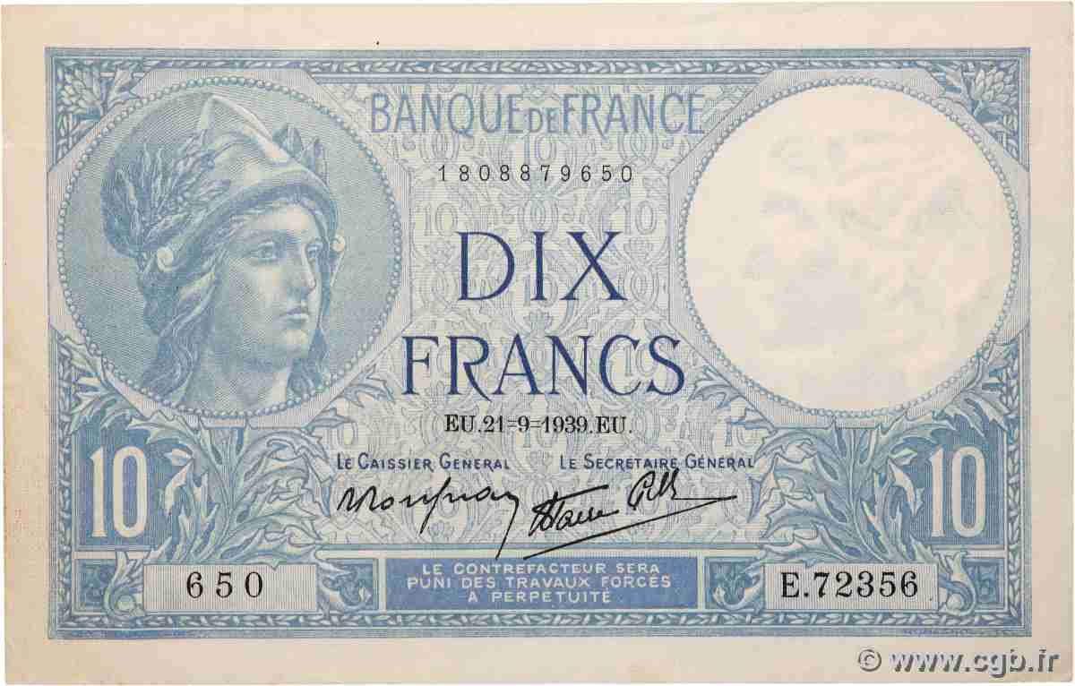 10 Francs MINERVE modifié FRANCE 1939 F.07.08 SUP+