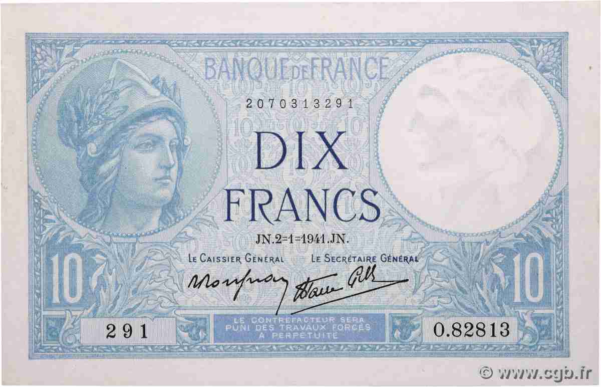 10 Francs MINERVE modifié FRANCIA 1941 F.07.26 EBC+
