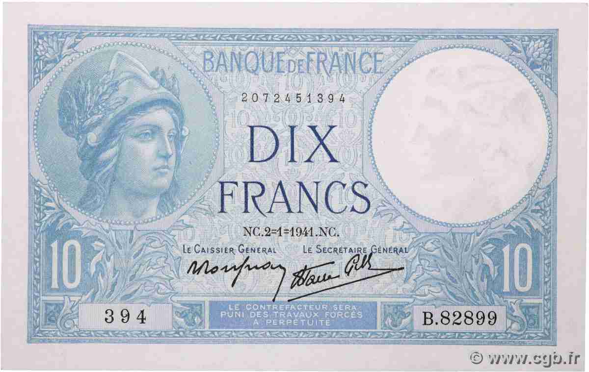 10 Francs MINERVE modifié FRANCE 1941 F.07.26 pr.NEUF
