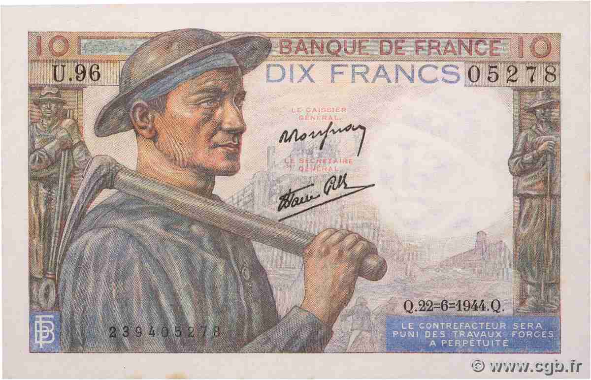 10 Francs MINEUR FRANCE 1944 F.08.12 UNC