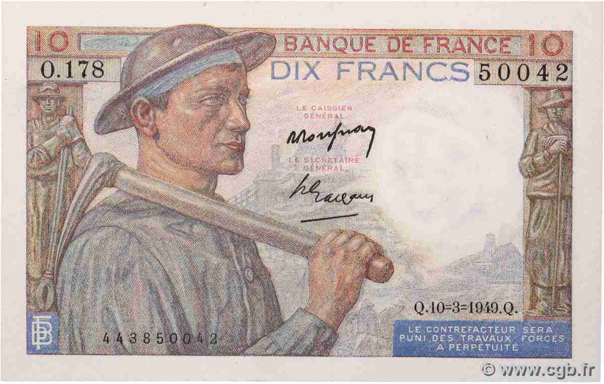 10 Francs MINEUR FRANCIA 1949 F.08.20 q.FDC