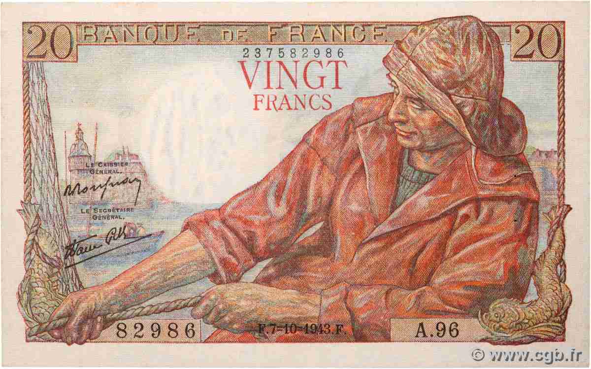 20 Francs PÊCHEUR FRANKREICH 1943 F.13.07 VZ+
