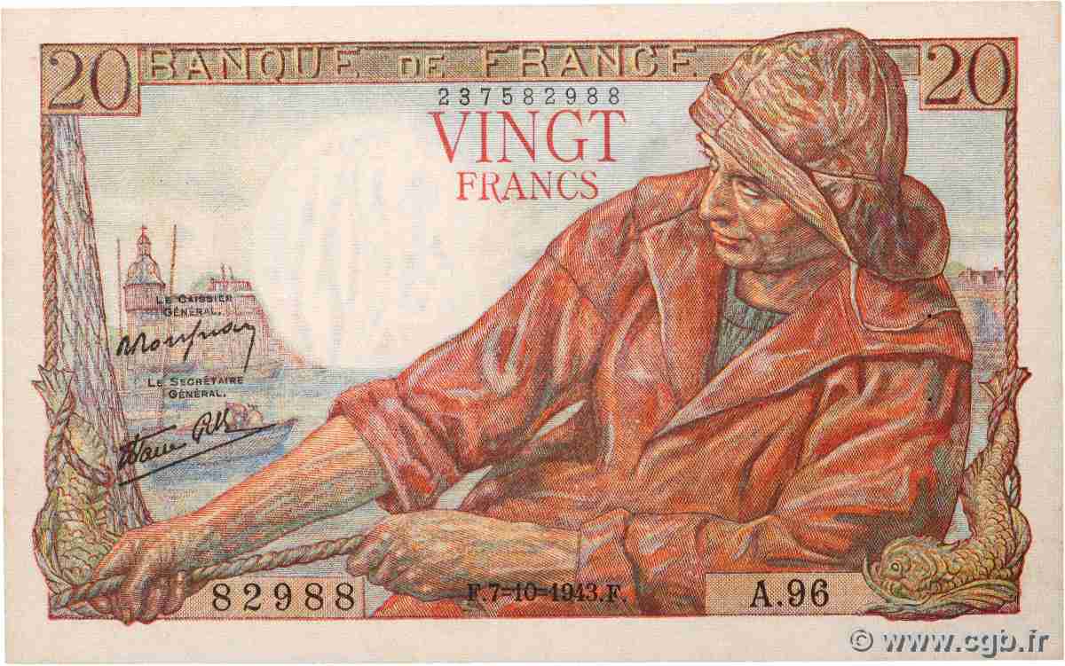 20 Francs PÊCHEUR FRANCE 1943 F.13.07 SUP+