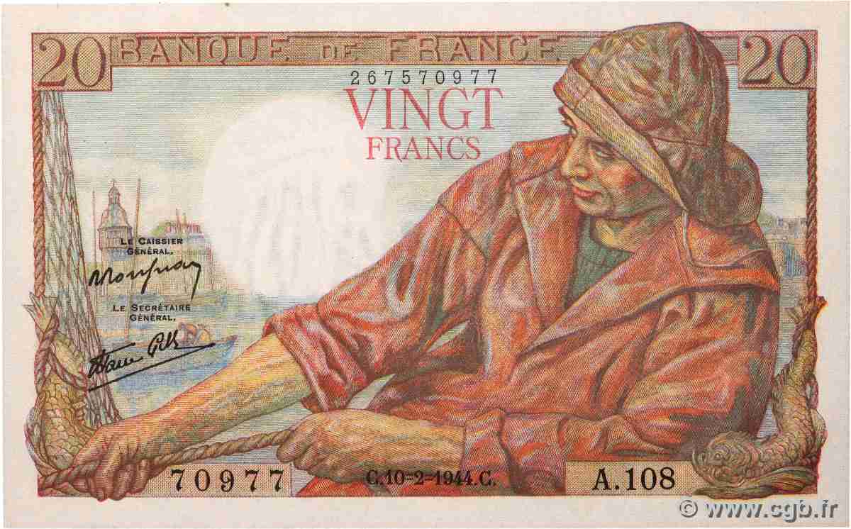 20 Francs PÊCHEUR FRANCE 1944 F.13.08 pr.NEUF