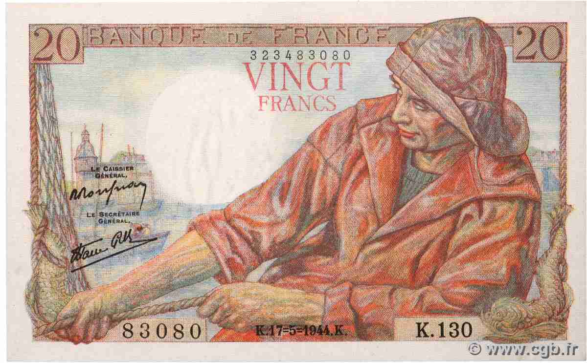 20 Francs PÊCHEUR FRANCIA 1944 F.13.09 q.FDC