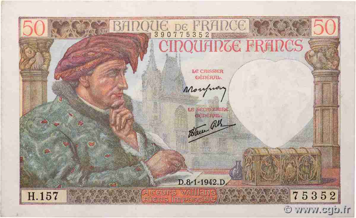 50 Francs JACQUES CŒUR FRANCE 1942 F.19.18 UNC-