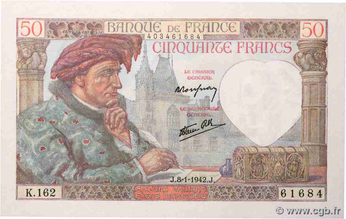 50 Francs JACQUES CŒUR FRANCIA 1942 F.19.18 q.FDC