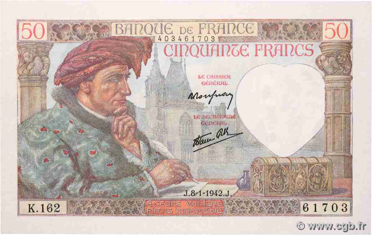 50 Francs JACQUES CŒUR FRANCE 1942 F.19.18 pr.NEUF