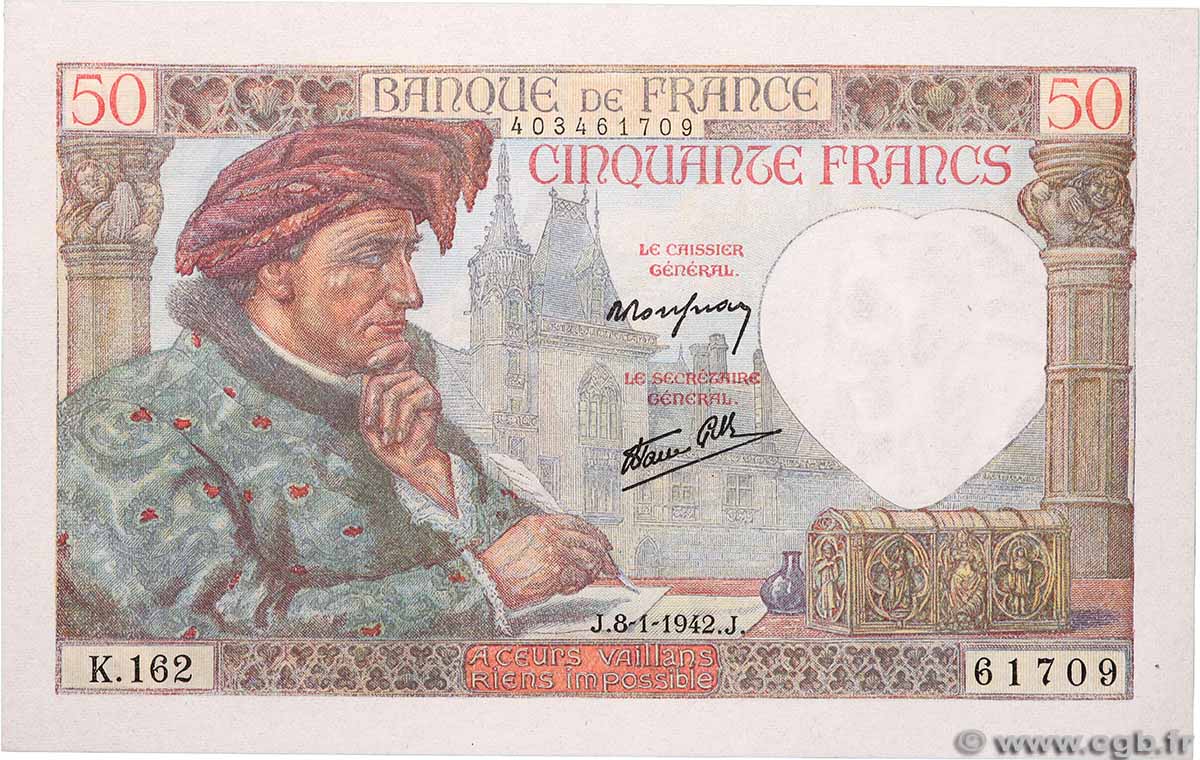 50 Francs JACQUES CŒUR FRANCE 1942 F.19.18 pr.NEUF