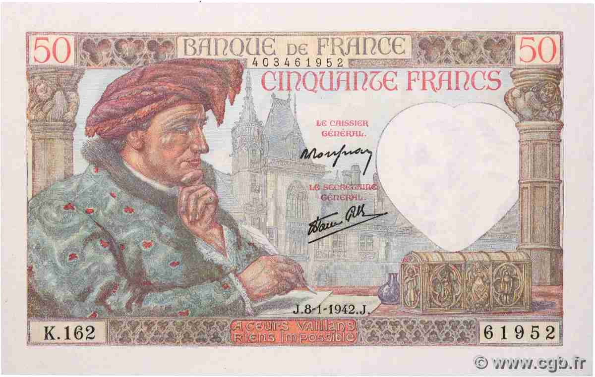 50 Francs JACQUES CŒUR FRANCE 1942 F.19.18 pr.NEUF
