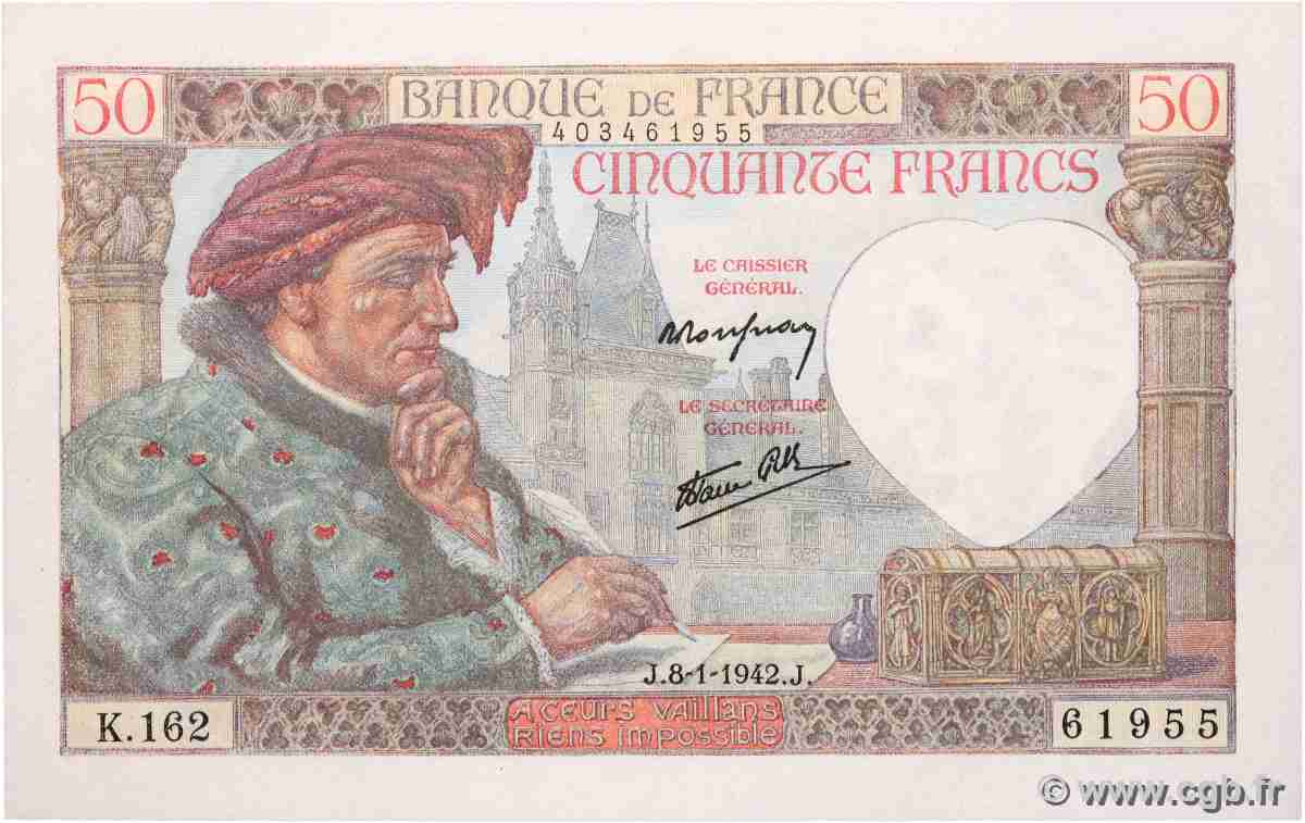 50 Francs JACQUES CŒUR FRANCIA 1942 F.19.18 SC+