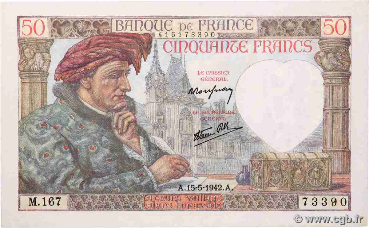50 Francs JACQUES CŒUR FRANCE 1942 F.19.20 UNC-