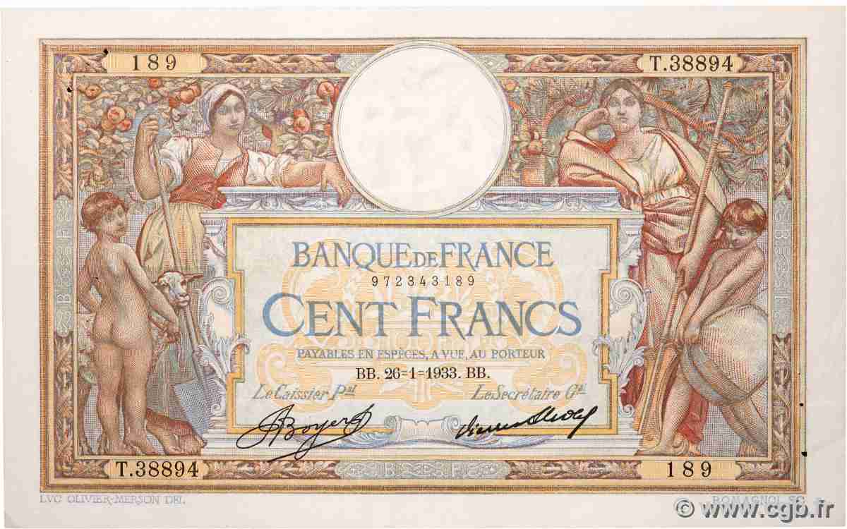 100 Francs LUC OLIVIER MERSON grands cartouches FRANCE 1933 F.24.12 SUP