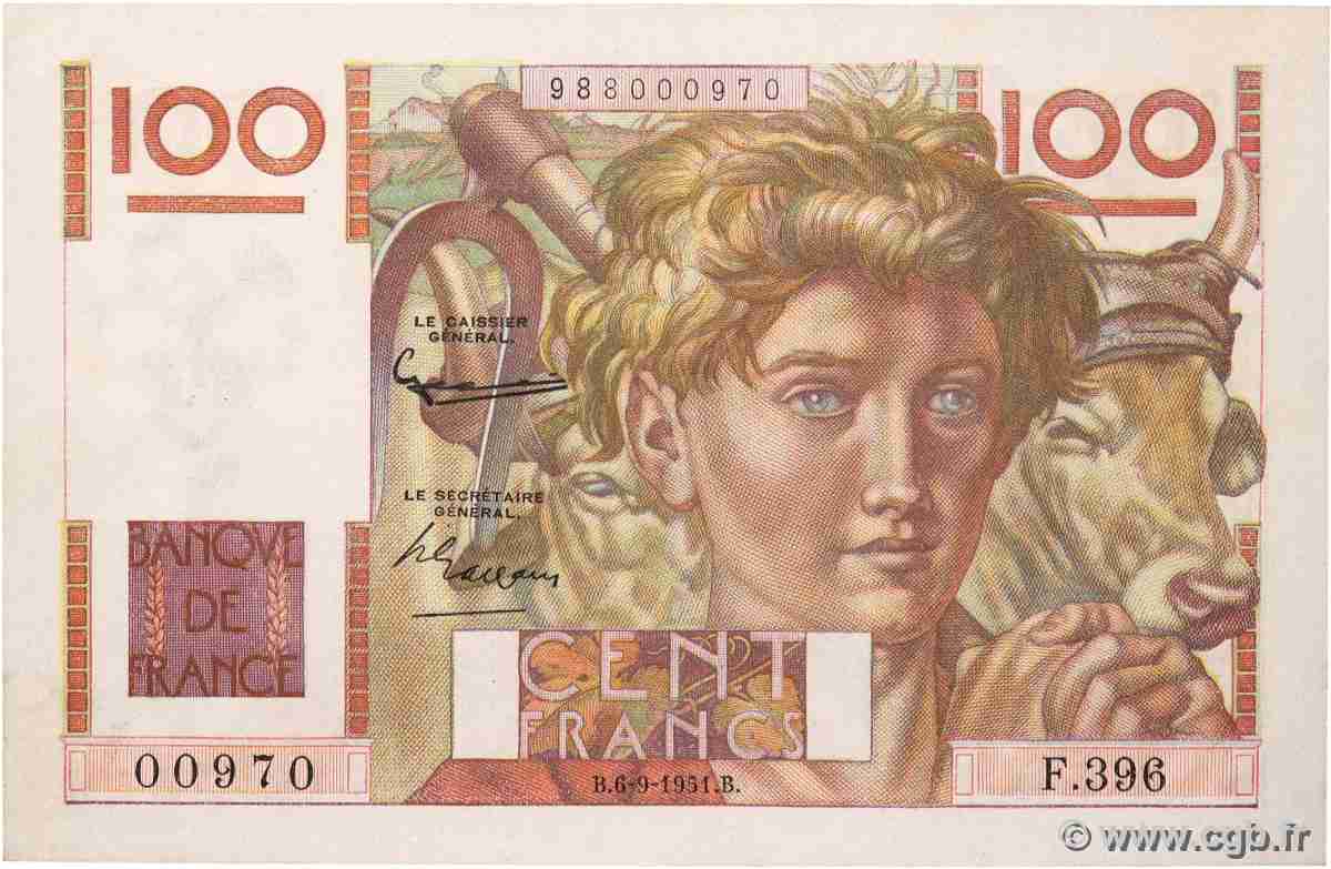 100 Francs JEUNE PAYSAN FRANCE 1951 F.28.29 AU+